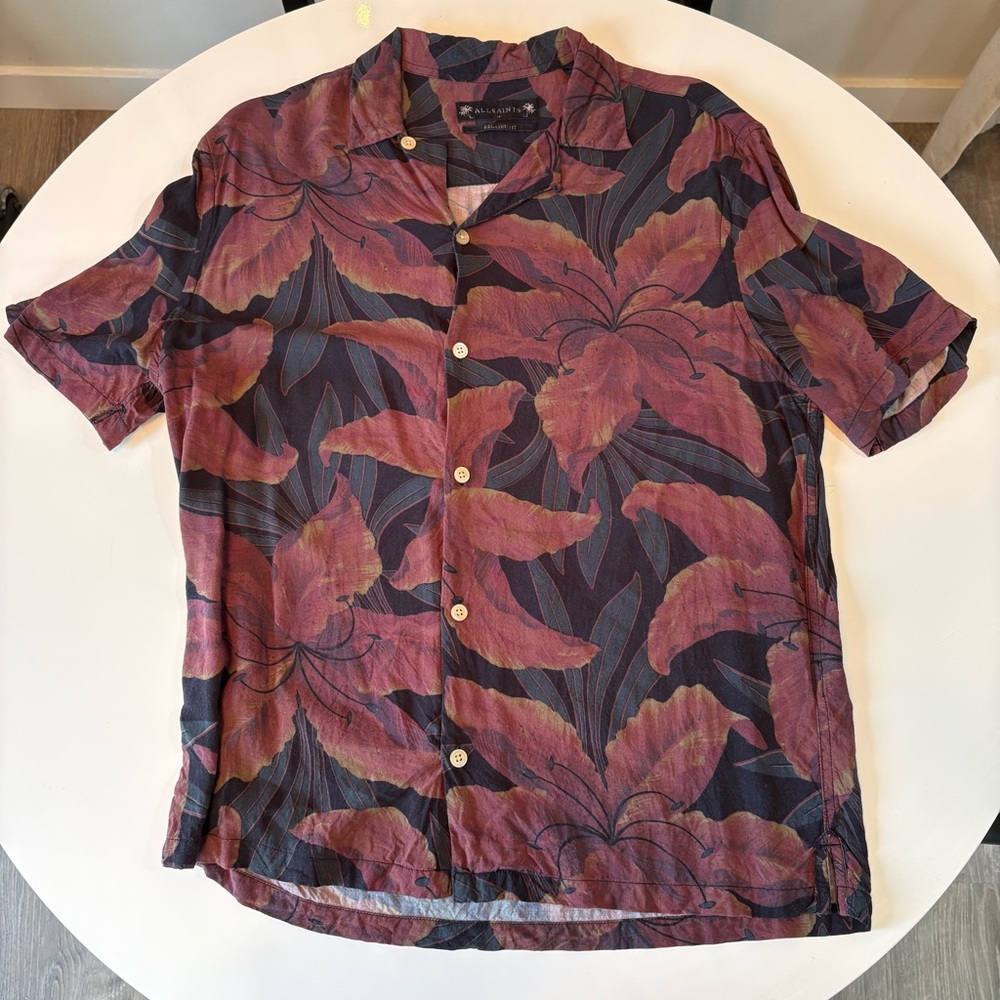 All Saints Men’s Size M Floral Red and Black Casual Button Down Shirt